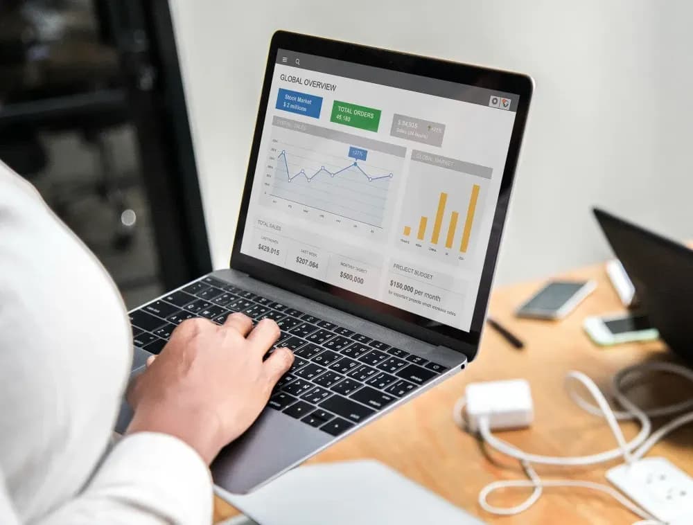 Person analyzing business data on a laptop, viewing a 'Global Overview' dashboard with sales charts, financial figures, and market insights.
