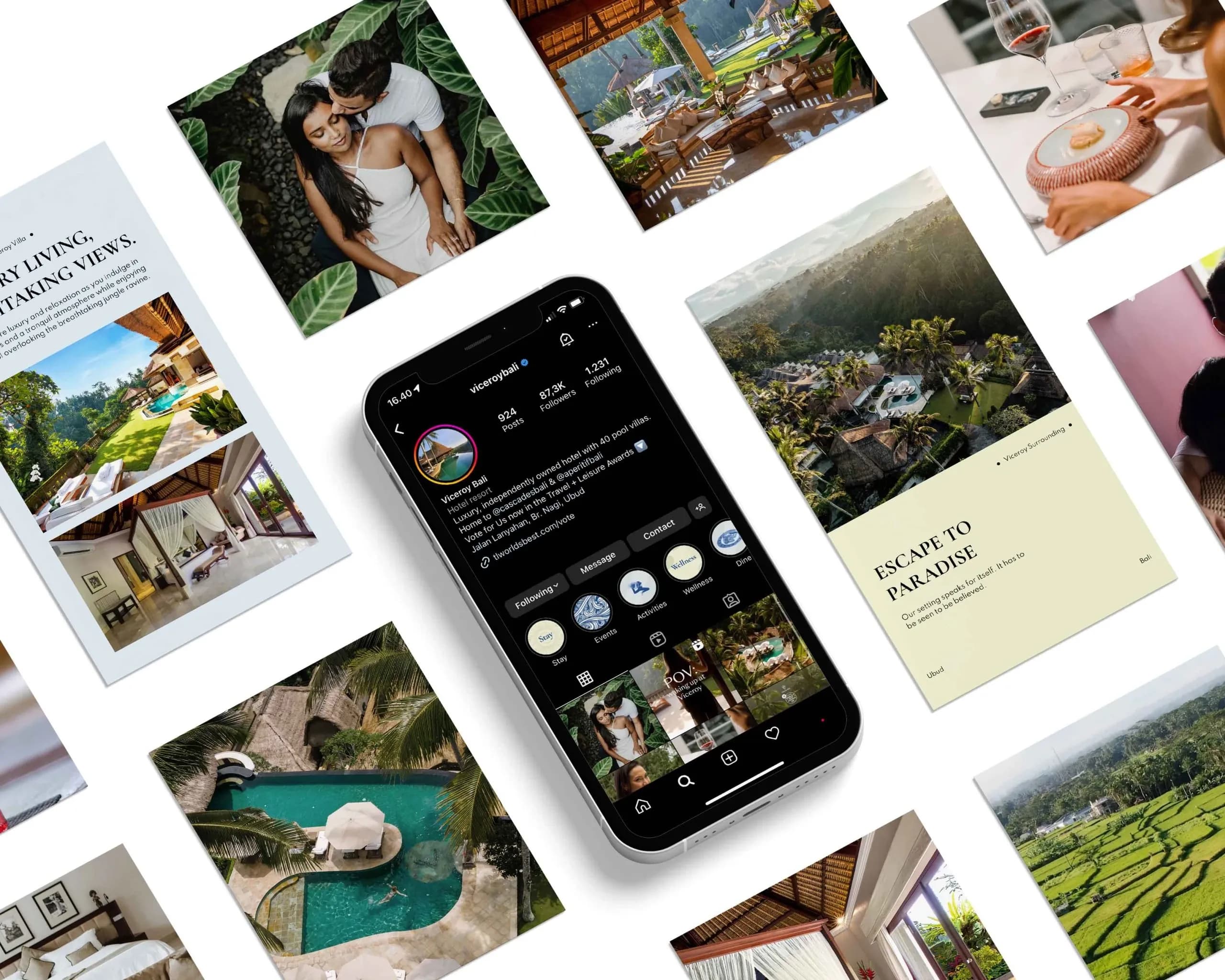 A flat lay of various photos and a smartphone displaying the Viceroy Bali Instagram profile, showcasing luxury resort amenities, pool villas, jungle views, and a couple enjoying a romantic getaway.