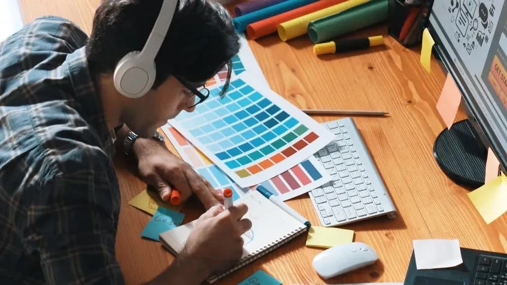 A graphic designer wearing headphones and glasses sketches in a notebook, surrounded by color palettes, a computer monitor, and design tools on a wooden desk.